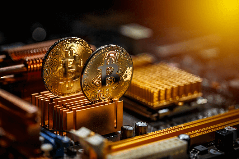 Schrottfritze Gedichte Gold – Bitcoin Münze steckt auf Kühlkörper von Computer-Hardware